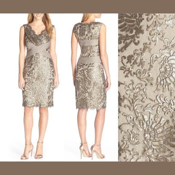 NEW‎ Tadashi Shoji Sequin Lace Sheath Dress Smoked Pearl [ SZ 14 ] - Picture 1 of 9